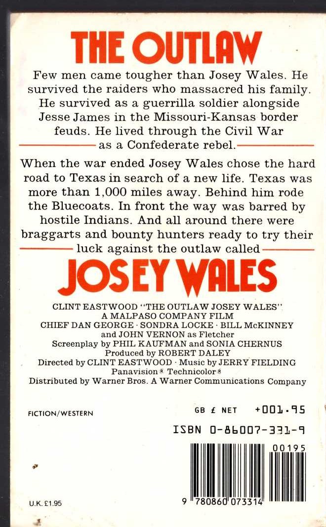 Forrest Carter  THE OUTLAW JOSEY WALES (Clint Eastwood) magnified rear book cover image
