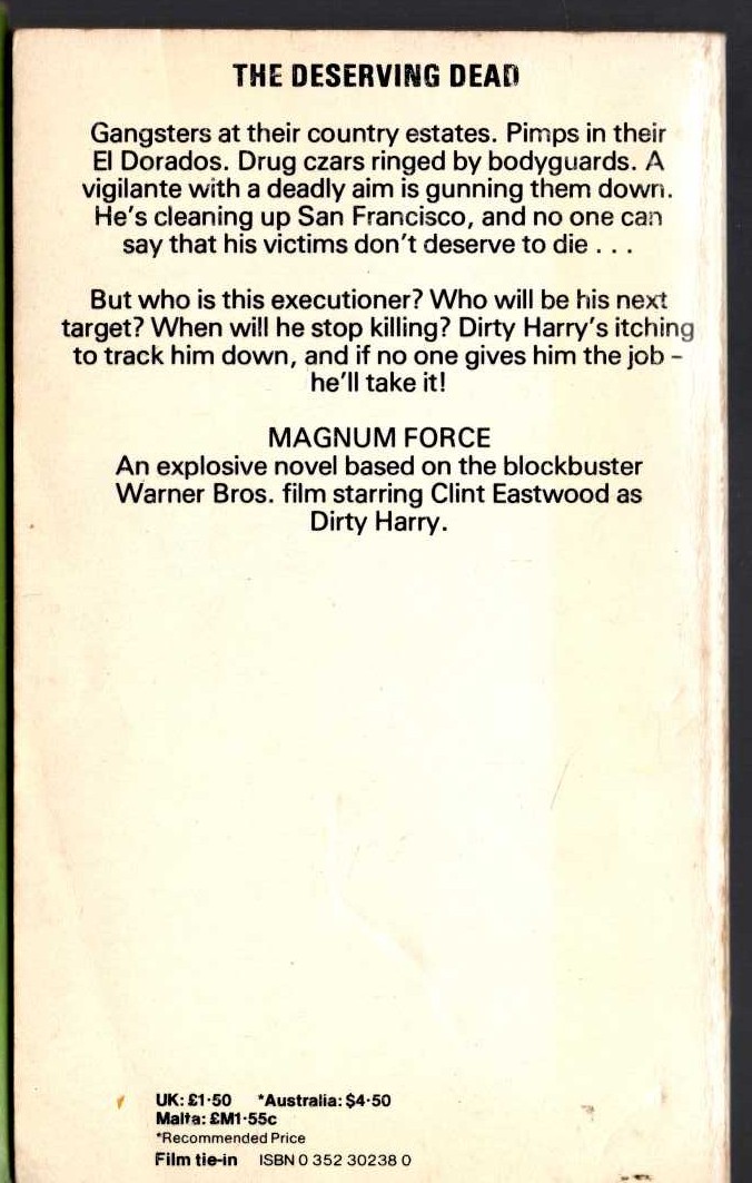 Mel Valley  MAGNUM FORCE (Clint Eastwood) magnified rear book cover image