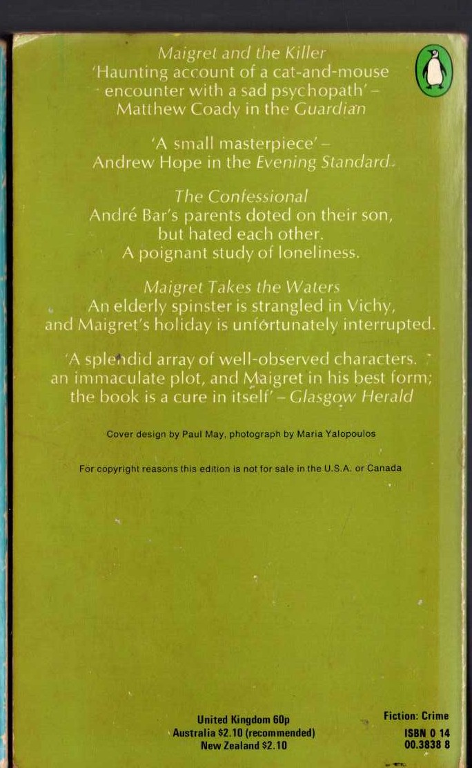 Georges Simenon  THE SEVENTH SIMENON OMNIBUS: MAIGRET AND THE KILLER/ THE CONFESSIONAL/ MAIGRET TAKES THE WATERS magnified rear book cover image