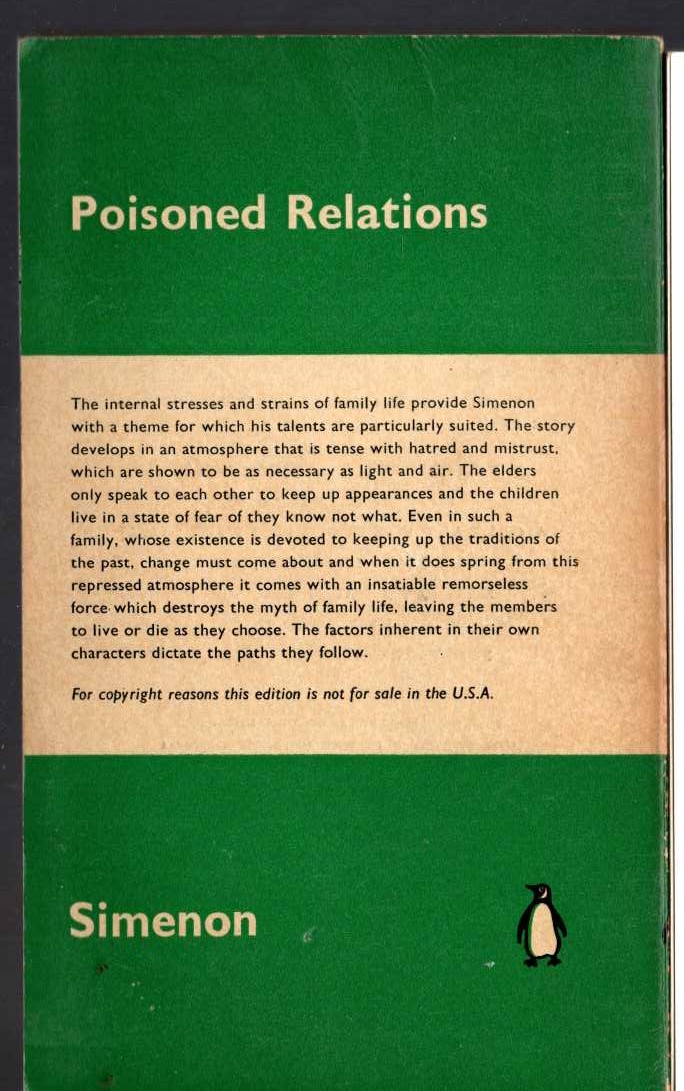 Georges Simenon  POISONED RELATIONS magnified rear book cover image