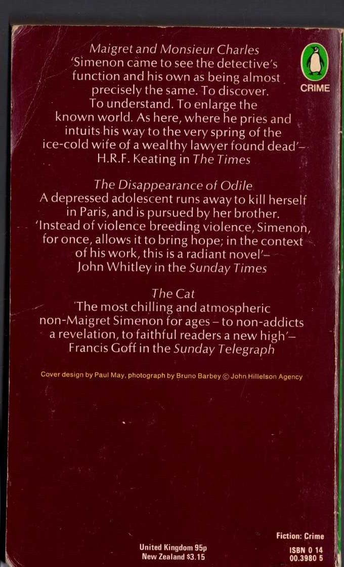 Georges Simenon  THE NINTH SIMENON OMNIBUS@ MAIGRET AND MONSIEUR CHARLES/ THE DISAPPEARANCE OF ODILE/ THE CAT magnified rear book cover image
