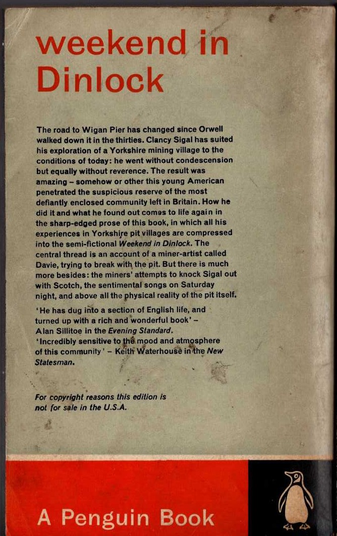 Clancy Sigal  WEEKEND IN DINLOCK magnified rear book cover image
