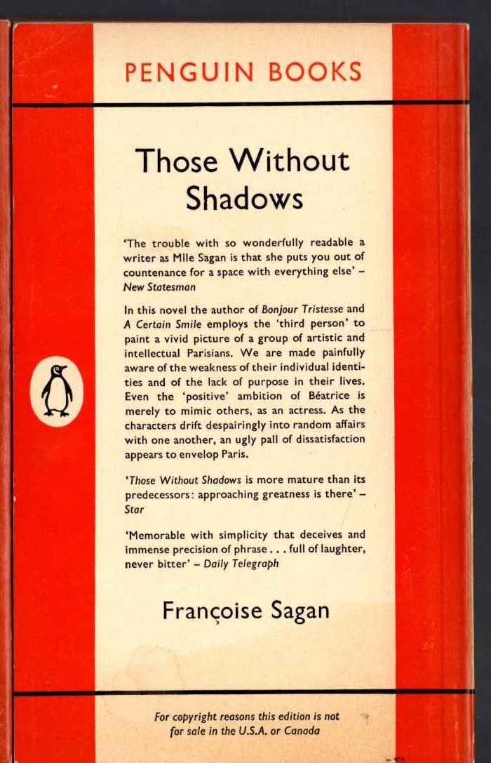 Francoise Sagan  THOSE WITHOUT SHADOWS magnified rear book cover image