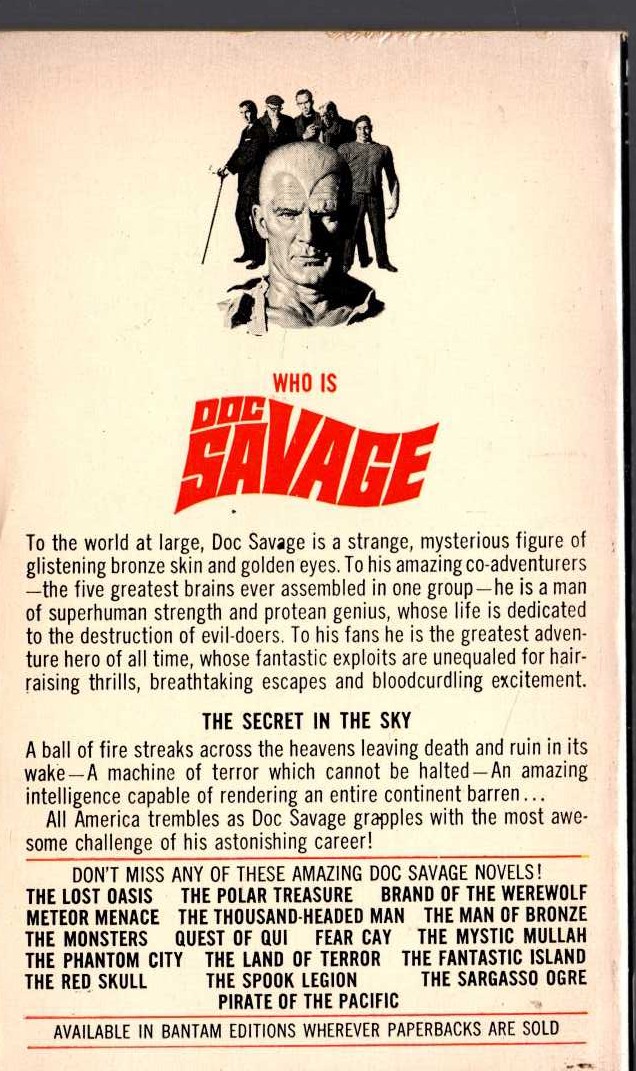 Kenneth Robeson  DOC SAVAGE: THE SECRET IN THE SKY magnified rear book cover image