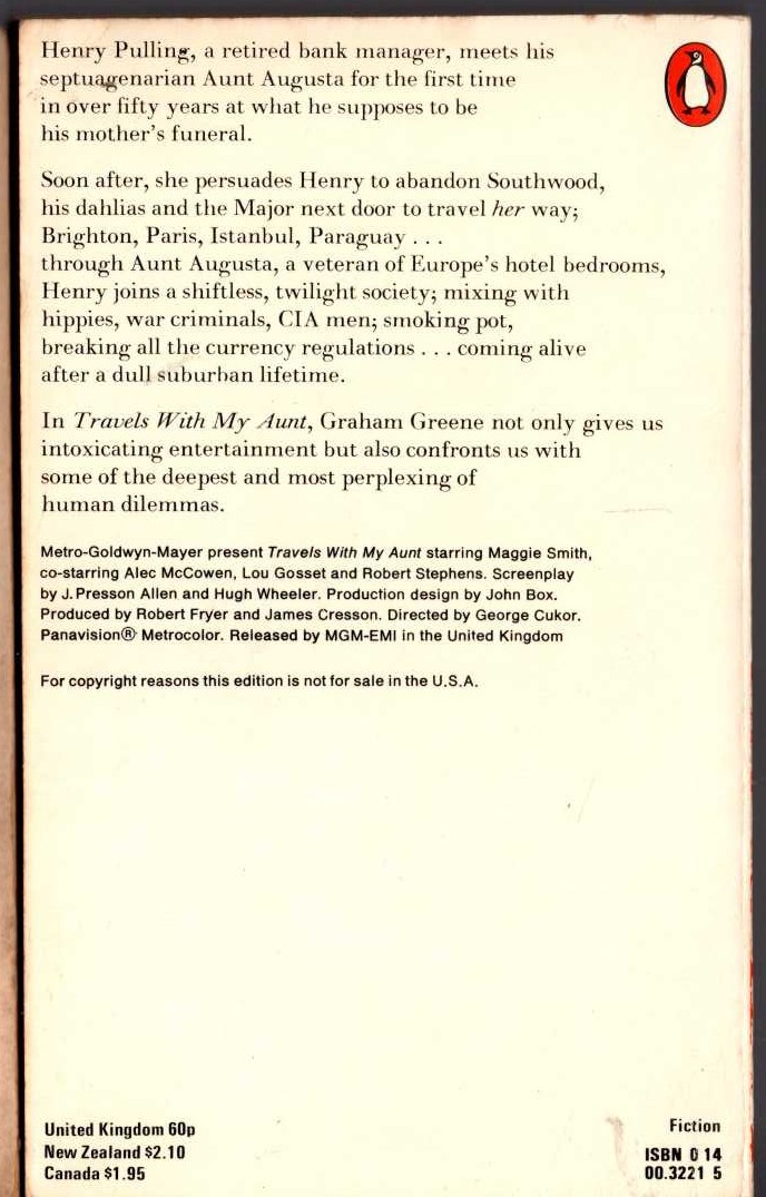 Graham Greene  TRAVELS WITH MY AUNT (Maggie Smith) magnified rear book cover image