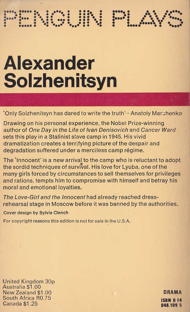 Alexander Solzhenitsyn  THE LOVE-GIRL AND THE INNOCENT magnified rear book cover image
