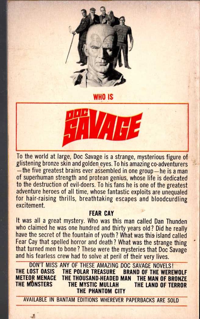 Kenneth Robeson  DOC SAVAGE: FEAR CAY magnified rear book cover image