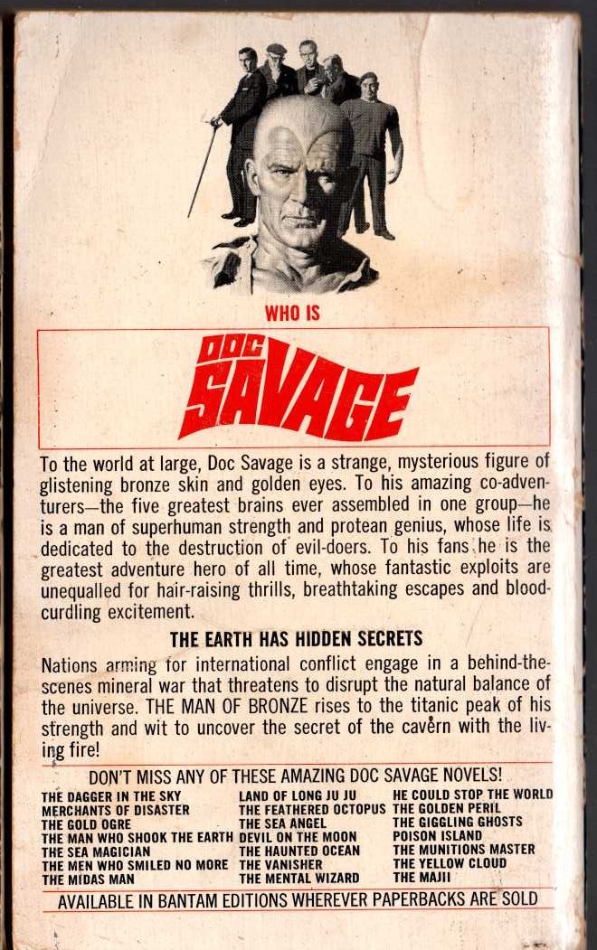 Kenneth Robeson  DOC SAVAGE: THE LIVING FIRE MENACE magnified rear book cover image