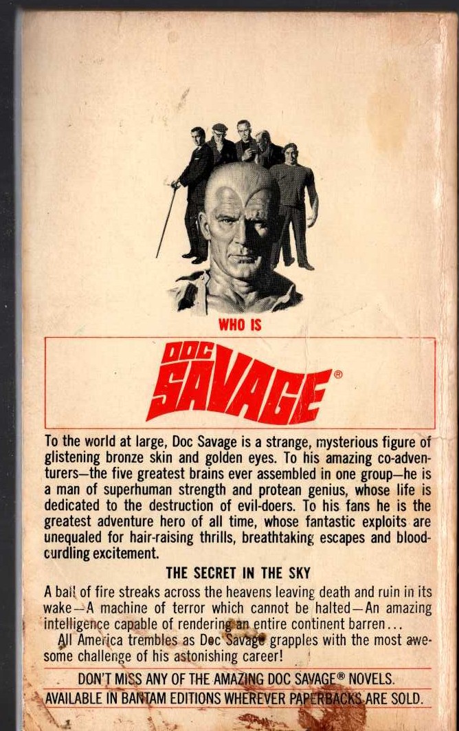 Kenneth Robeson  DOC SAVAGE: THE SECRET IN THE SKY magnified rear book cover image
