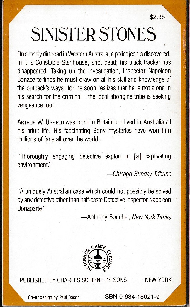 Arthur Upfield  SINISTER STONES magnified rear book cover image