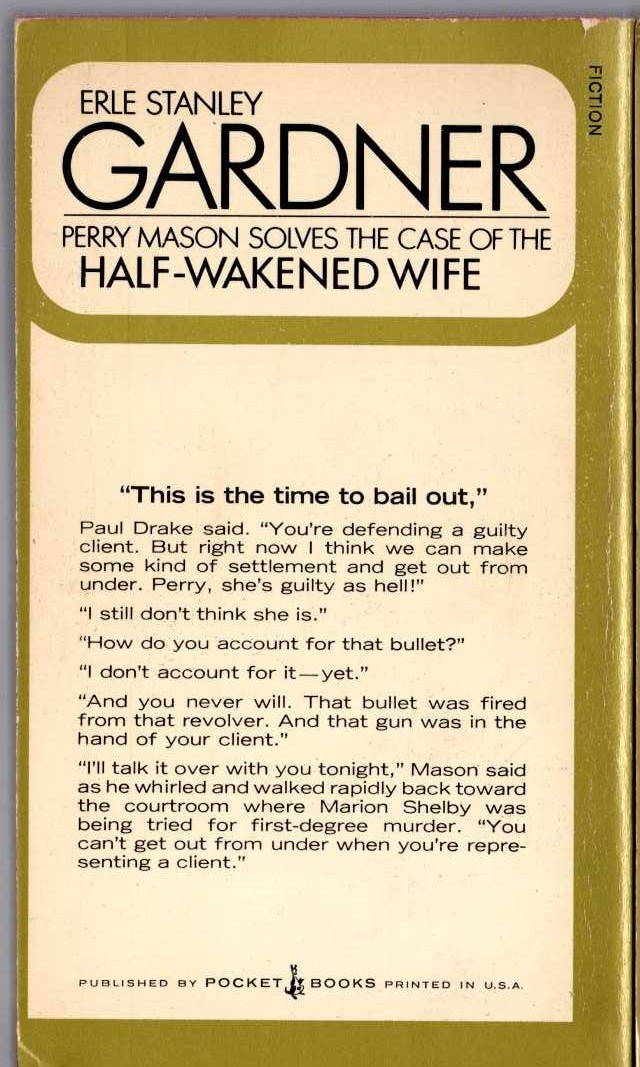 Erle Stanley Gardner  THE CASE OF THE HALF-WAKENED WIFE magnified rear book cover image