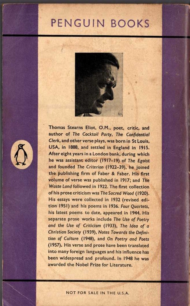 T.S. Eliot  SELECTED PROSE magnified rear book cover image