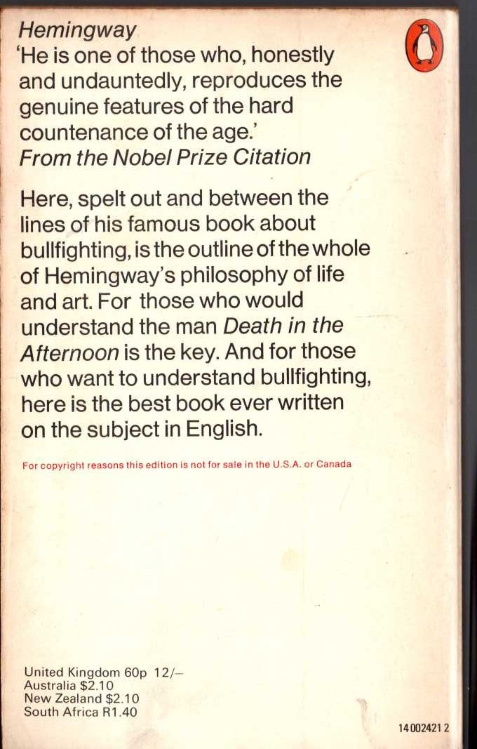 Ernest Hemingway  DEATH IN THE AFTERNOON magnified rear book cover image