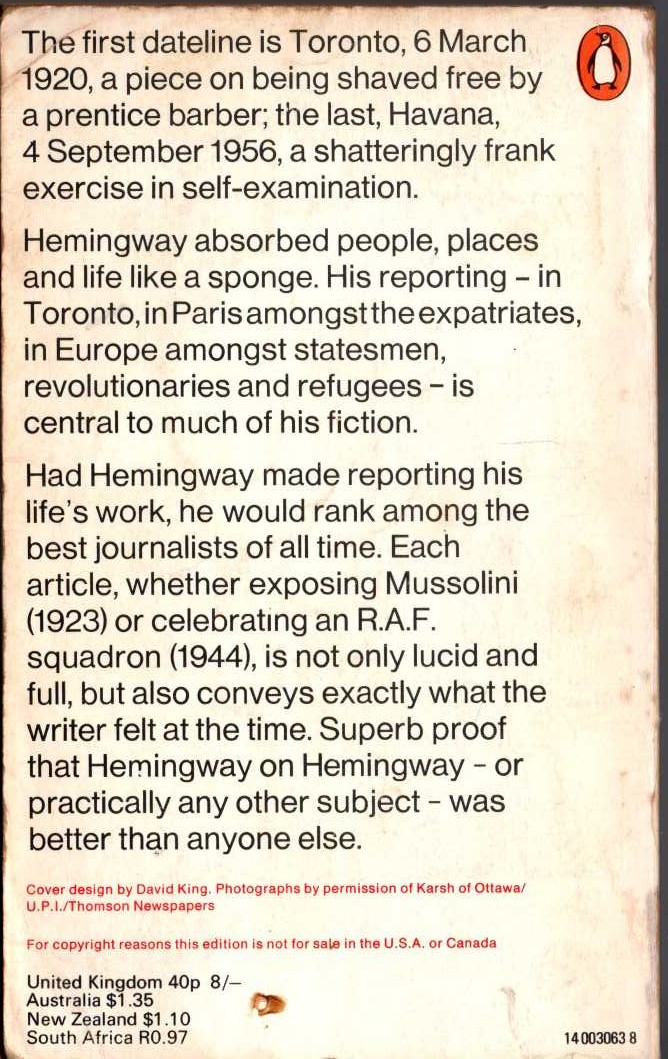 Ernest Hemingway  BY-LINE. 75 Articles and Dispatches of Four Decades magnified rear book cover image