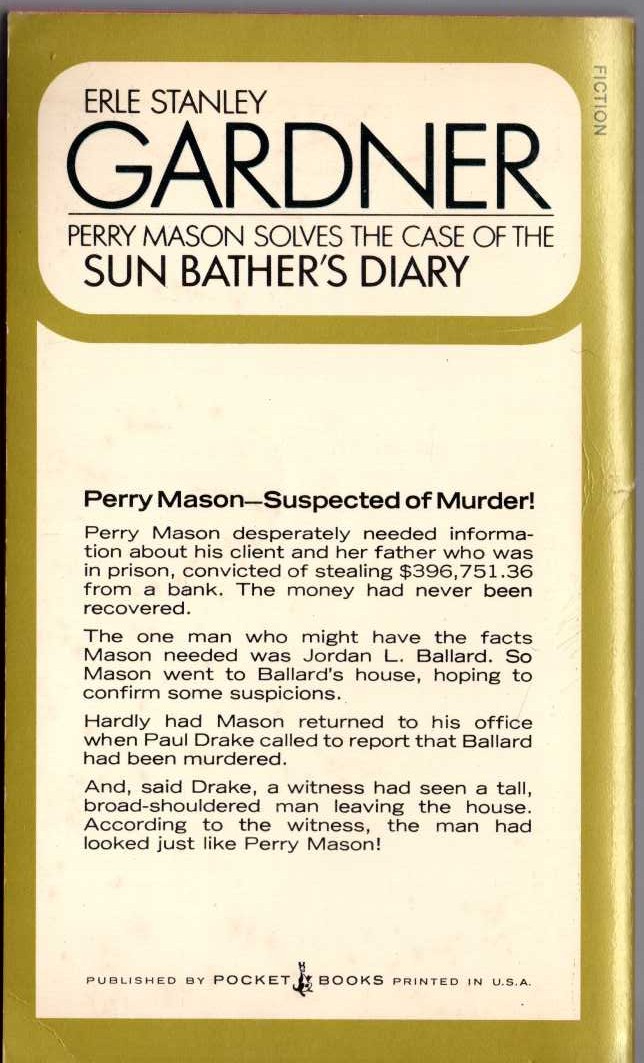 Erle Stanley Gardner  THE CASE OF THE SUN BATHER'S DIARY magnified rear book cover image