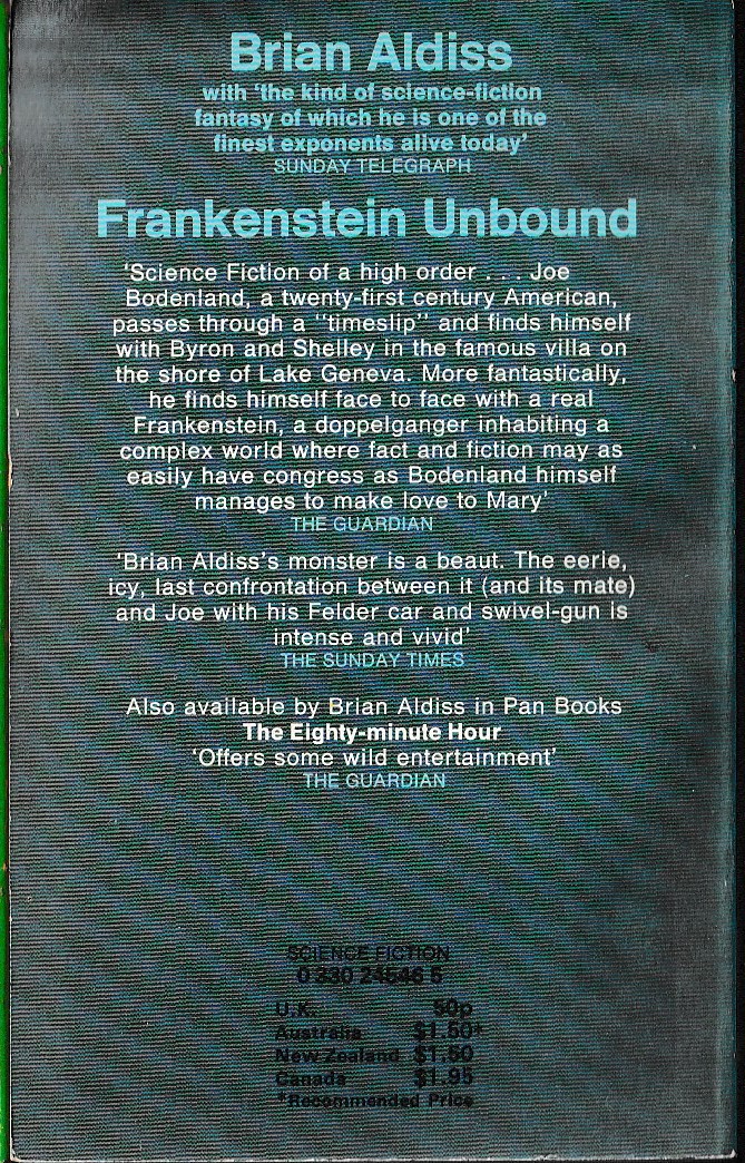Brian Aldiss  FRANKENSTEIN UNBOUND magnified rear book cover image