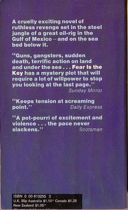 Alistair MacLean FEAR IS THE KEY .Fontana rpt.1974 magnified rear cover image