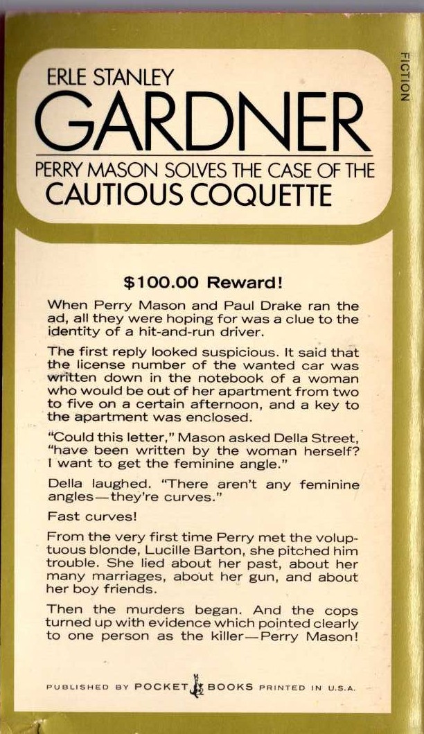 Erle Stanley Gardner  THE CASE OF THE CAUTIOUS COQUETTE magnified rear book cover image