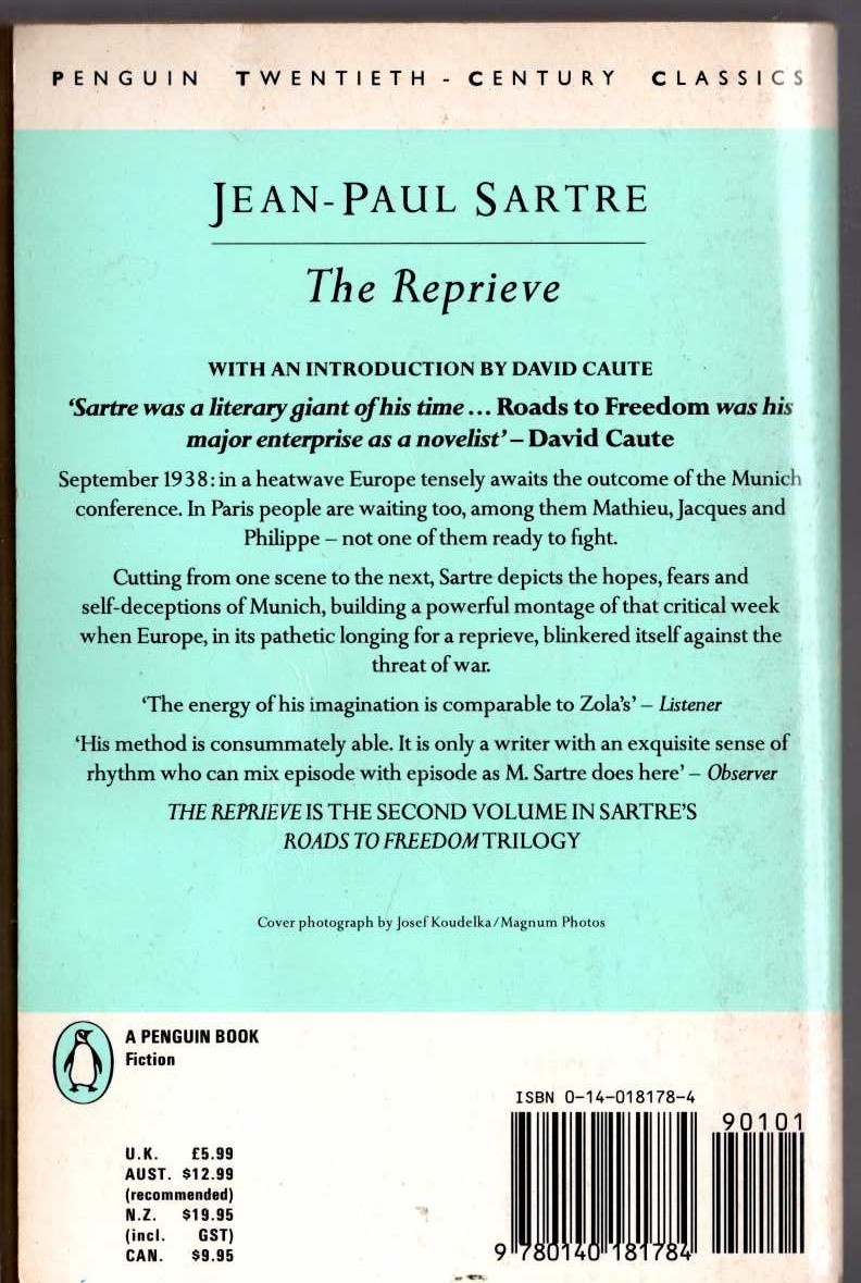 Jean-Paul Sartre  THE REPRIEVE magnified rear book cover image