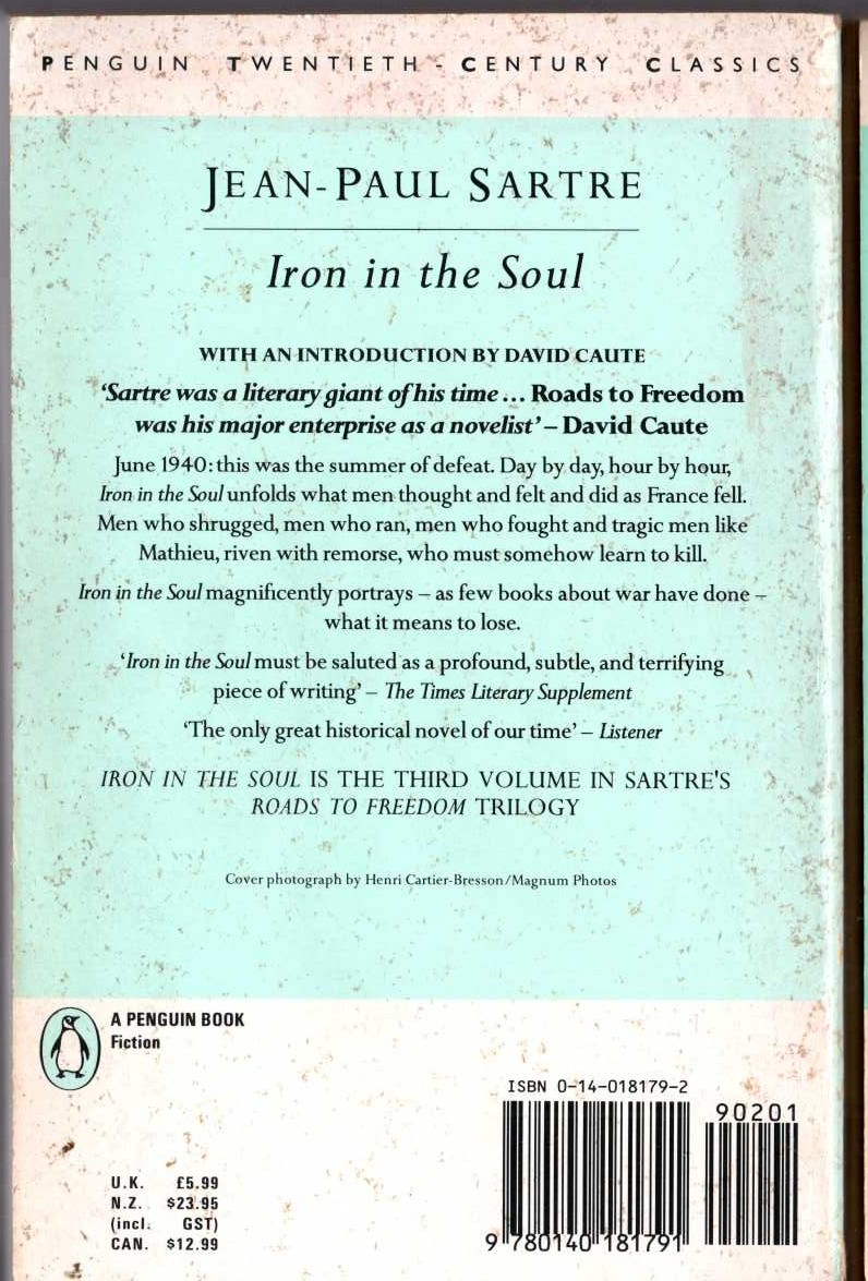 Jean-Paul Sartre  IRON IN THE SOUL magnified rear book cover image