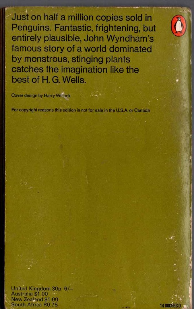 John Wyndham  THE DAY OF THE TRIFFIDS magnified rear book cover image