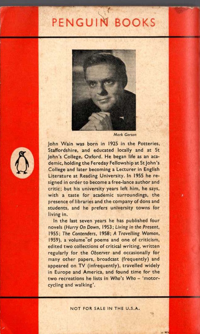 John Wain  HURRY ON DOWN magnified rear book cover image