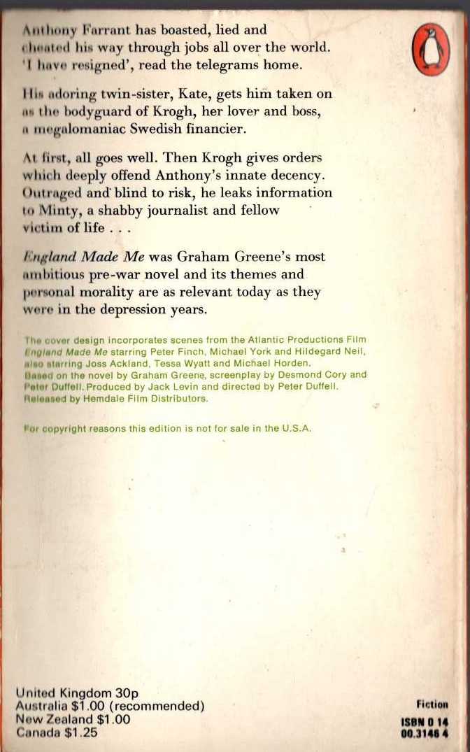 Graham Greene  ENGLAND MADE ME (Film tie-in: Michael York) magnified rear book cover image