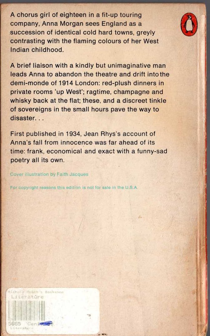 Jean Rhys  VOYAGE IN THE DARK magnified rear book cover image