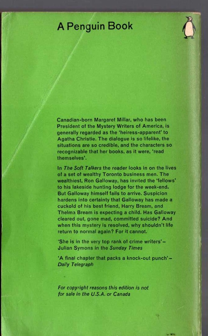 Margaret Millar  THE SOFT TALKERS magnified rear book cover image