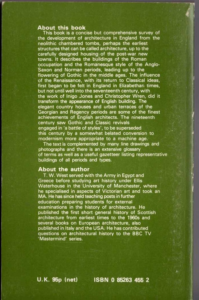 T.W. West  DISCOVERING ENGLISH ARCHITECTURE magnified rear book cover image