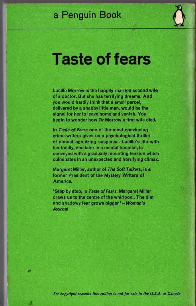 Margaret Millar  TASTE OF FEARS magnified rear book cover image