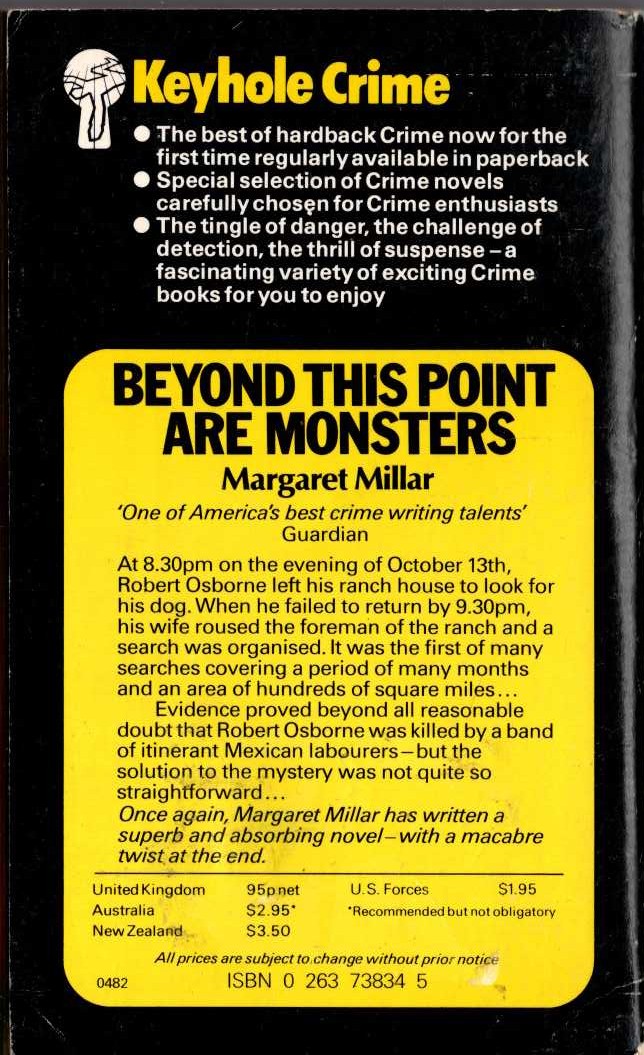 Margaret Millar  BEYOND THIS POINT ARE MONSTERS magnified rear book cover image