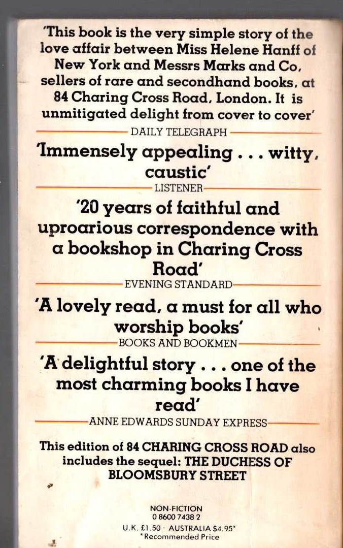 Helene Hanff  84 CHARING CROSS ROAD magnified rear book cover image