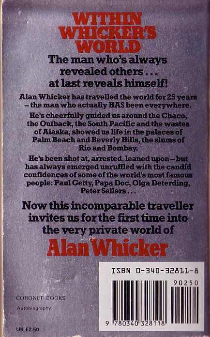 Alan Whicker  WITHIN WHICKER'S WORLD (Autobiography) magnified rear book cover image