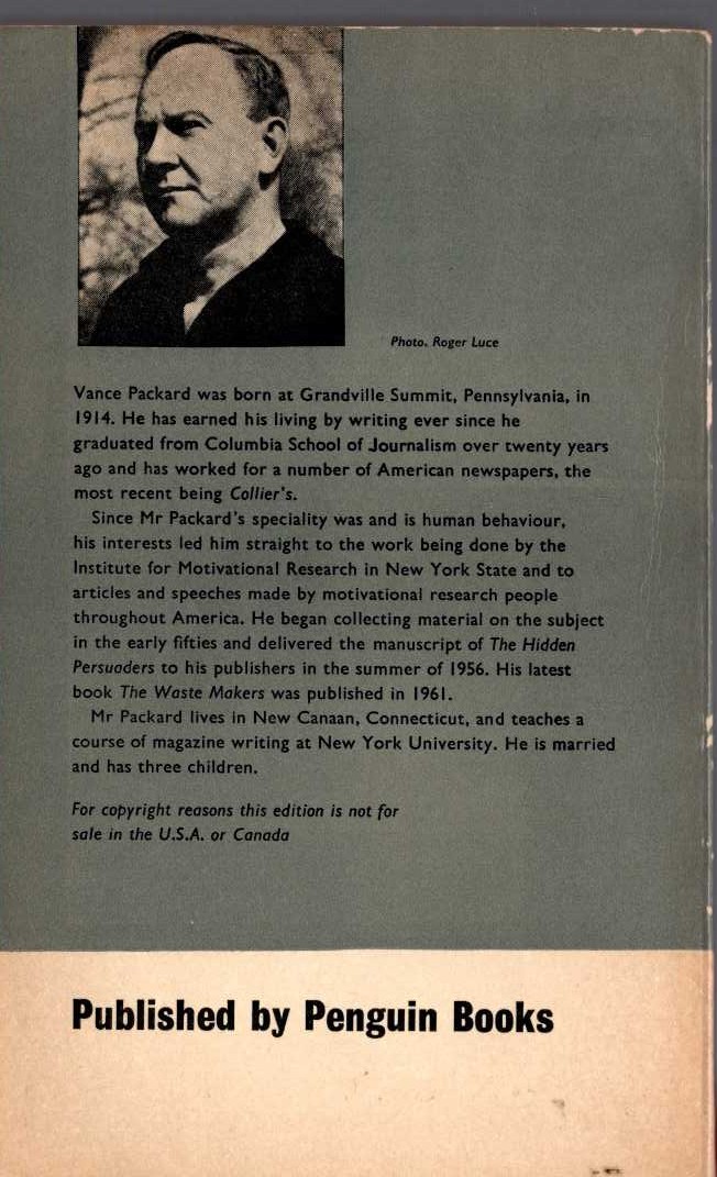 Vance Packard  THE HIDDEN PERSUADERS magnified rear book cover image