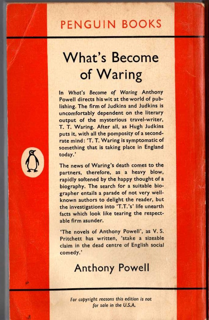 Anthony Powell  WHAT'S BECOME OF WARING magnified rear book cover image