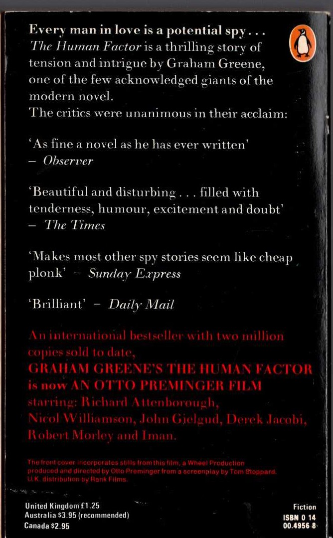 Graham Greene  THE HUMAN FACTOR (Film tie-in) magnified rear book cover image