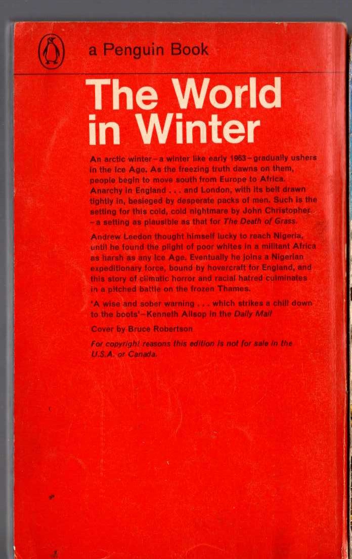 John Christopher  THE WORLD IN WINTER magnified rear book cover image