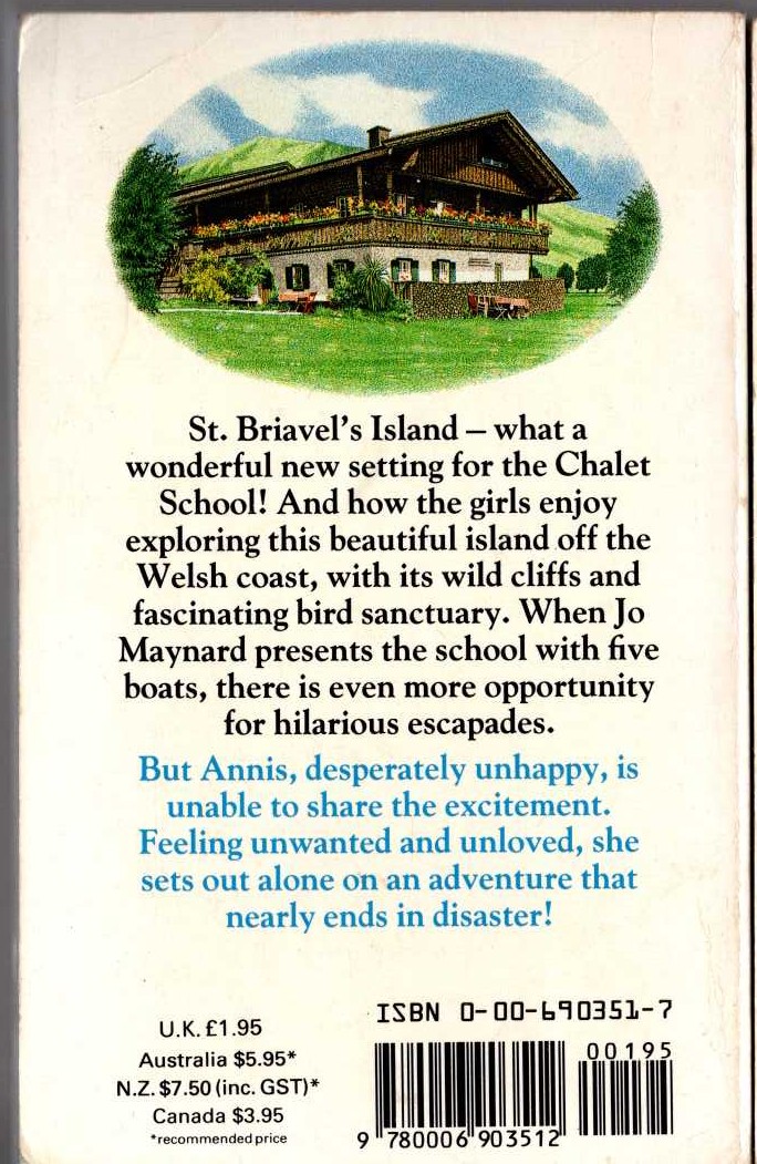Elinor M. Brent-Dyer  THE CHALET SCHOOL AND THE ISLAND magnified rear book cover image