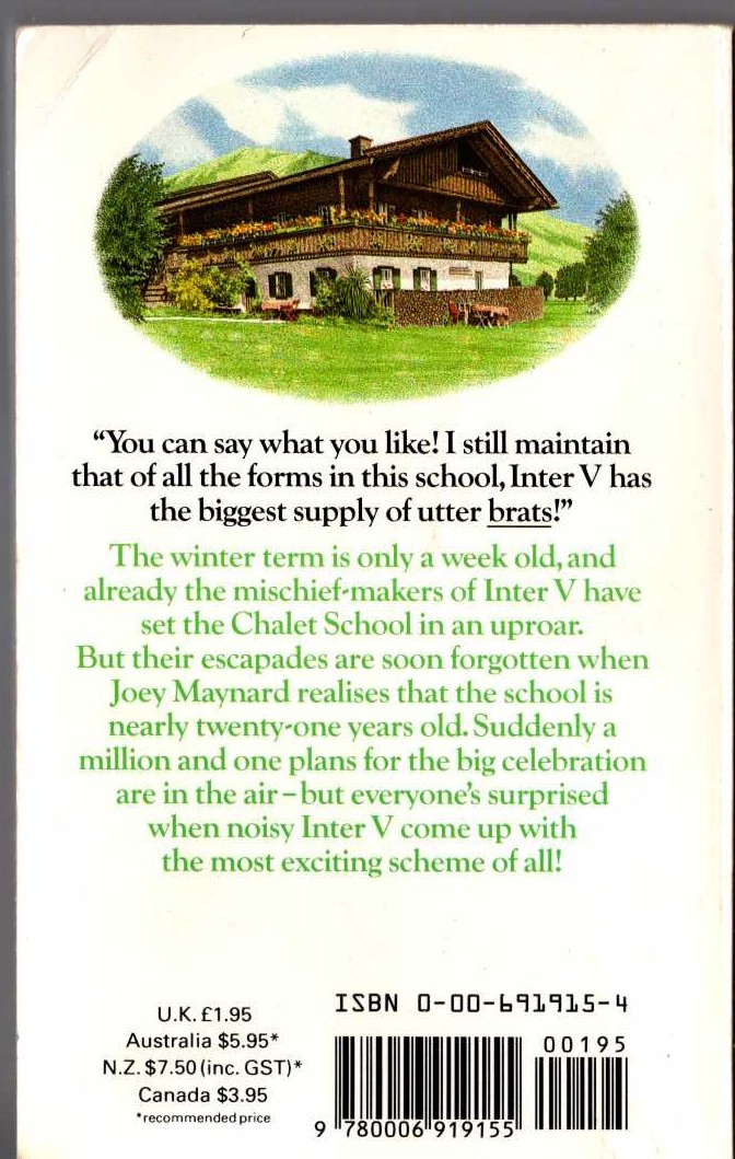 Elinor M. Brent-Dyer  EXCITEMENTS AT THE CHALET SCHOOL magnified rear book cover image