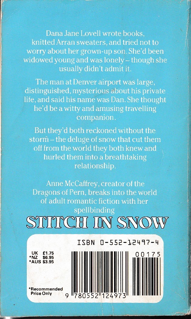 Anne McCaffrey  STITCH IN SNOW magnified rear book cover image