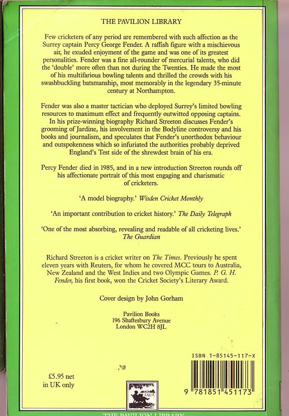 Richard Streeton
  P.G.H.FENDER: A Biography<BR>
    Pavillion 1987 (Photos) rear cover image