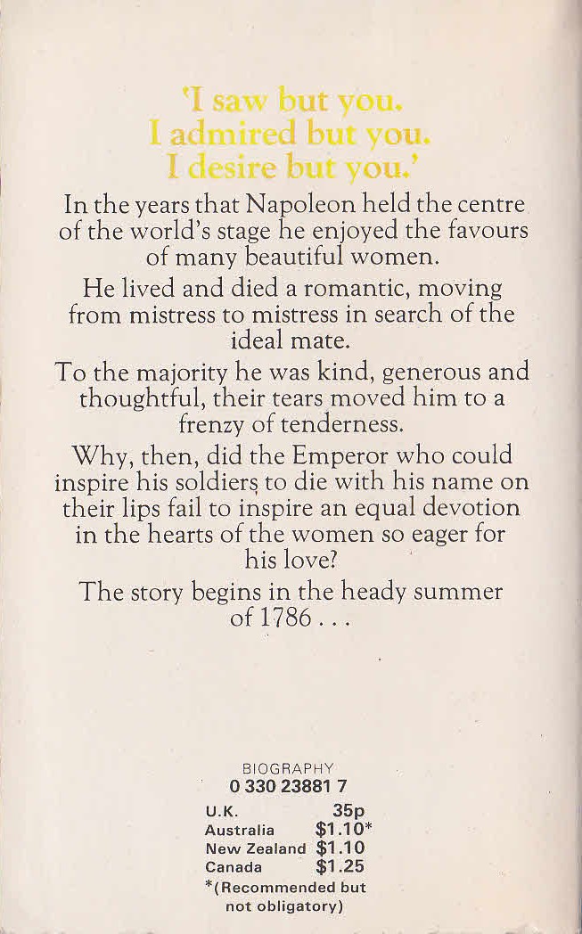 R.F. Delderfield  NAPOLEON IN LOVE (Biography) magnified rear book cover image