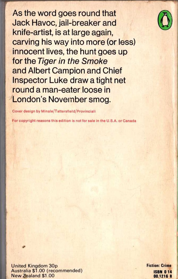Margery Allingham  THE TIGER IN THE SMOKE magnified rear book cover image