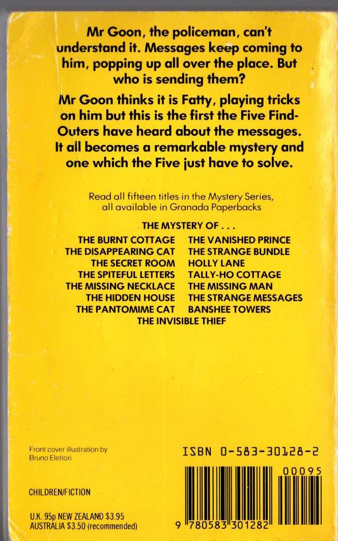 Enid Blyton  THE MYSTERY OF THE STRANGE MESSAGES magnified rear book cover image