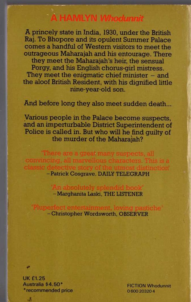 H.R.F. Keating  THE MURDER OF THE MAHARAJAH magnified rear book cover image
