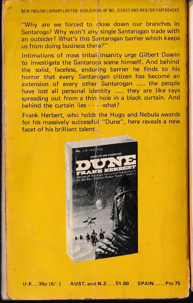 Frank Herbert  THE SANTAROGA BARRIER magnified rear book cover image