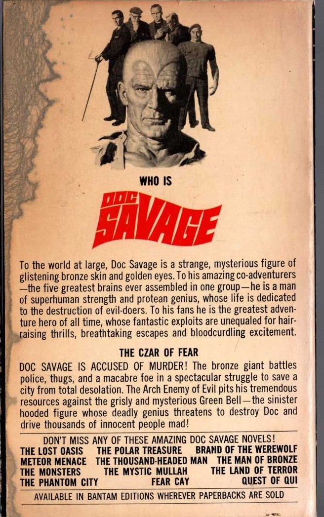 Kenneth Robeson  DOC SAVAGE: THE CZAR OF FEAR magnified rear book cover image