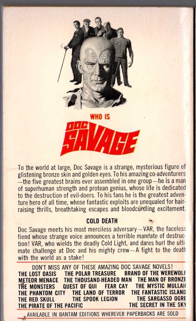 Kenneth Robeson  DOC SAVAGE: COLD DEATH magnified rear book cover image