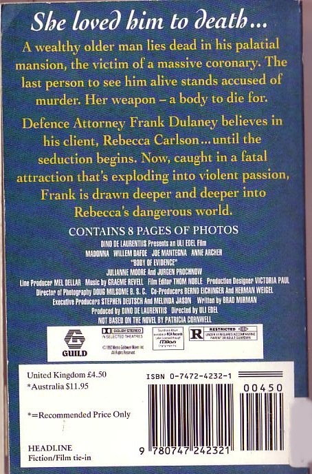 Harrison Arnston  DEADLY EVIDENCE (''BODY OF EVIDENCE'': Madonna, William Dafoe..) magnified rear book cover image